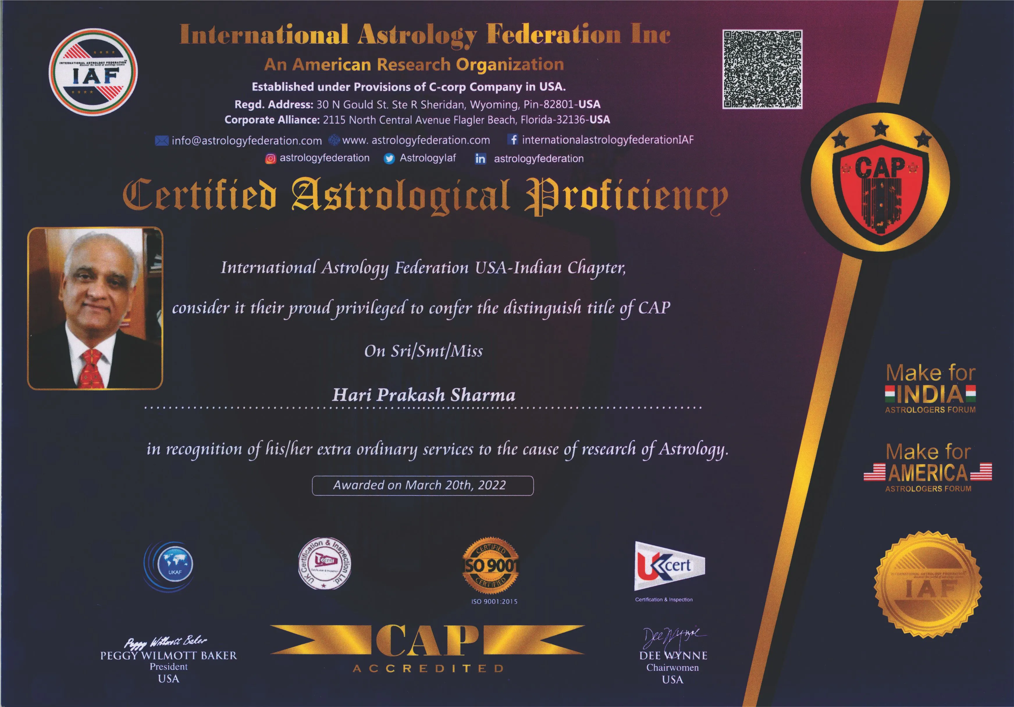 Certificate. Certified Astrological Proficiency, International Astrology Federation, U.S.A. · 2022