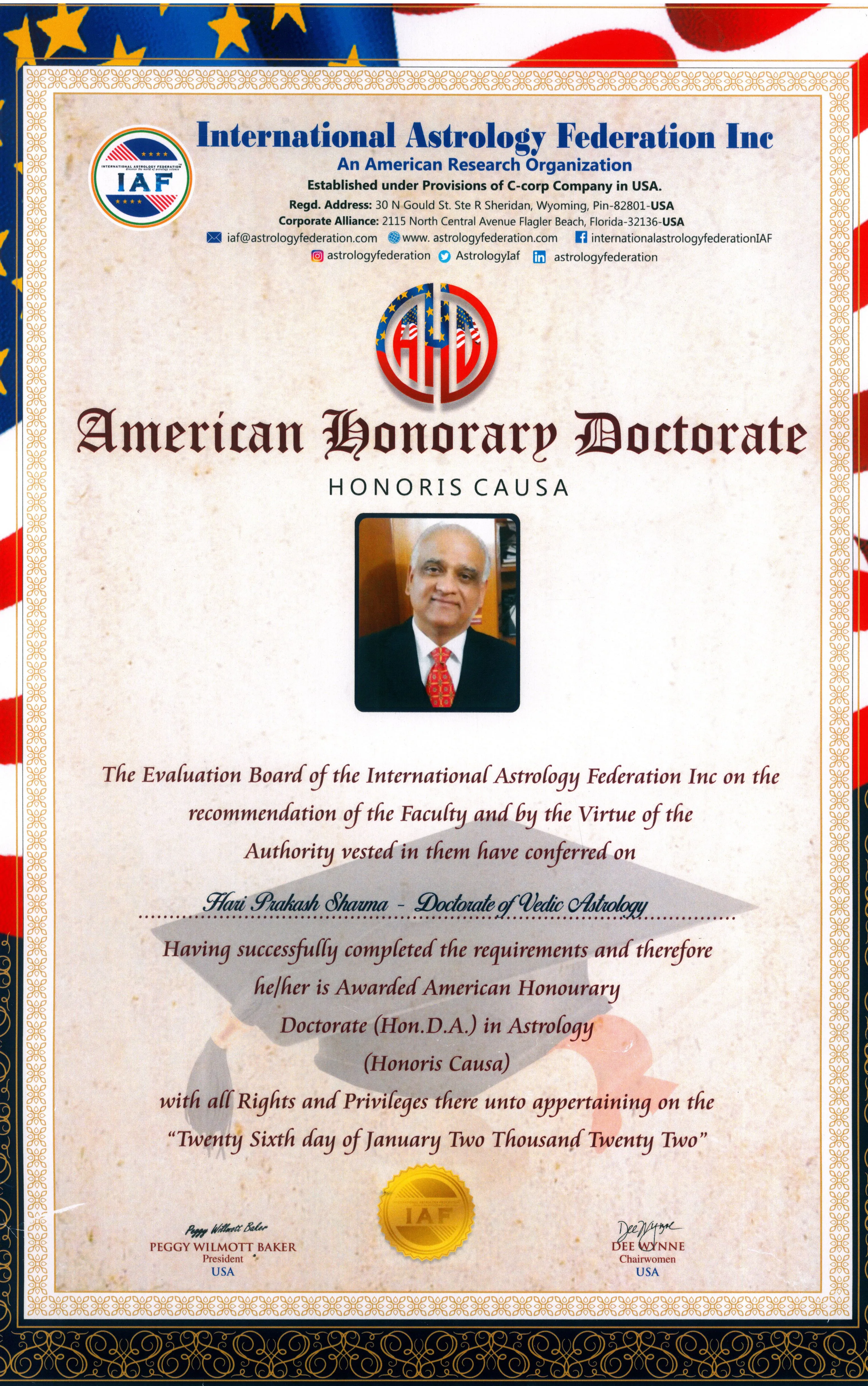 Certificate. Honorary Doctorate, Doctor of Vedic Astrology, International Astrology Federation, U.S.A. · 2022