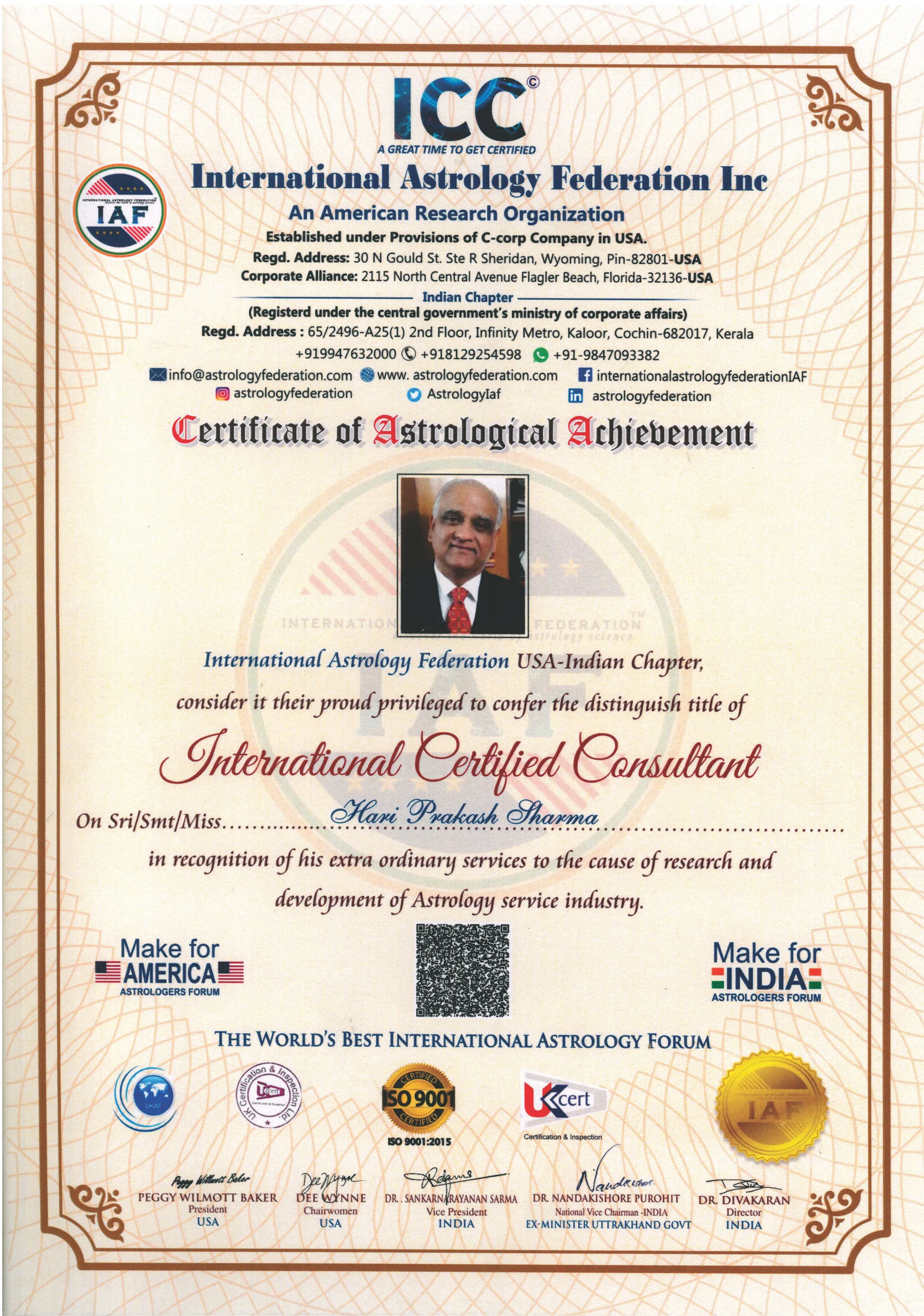 Certificate. International Certified Consultant, Astrology, For services to astrological research and development