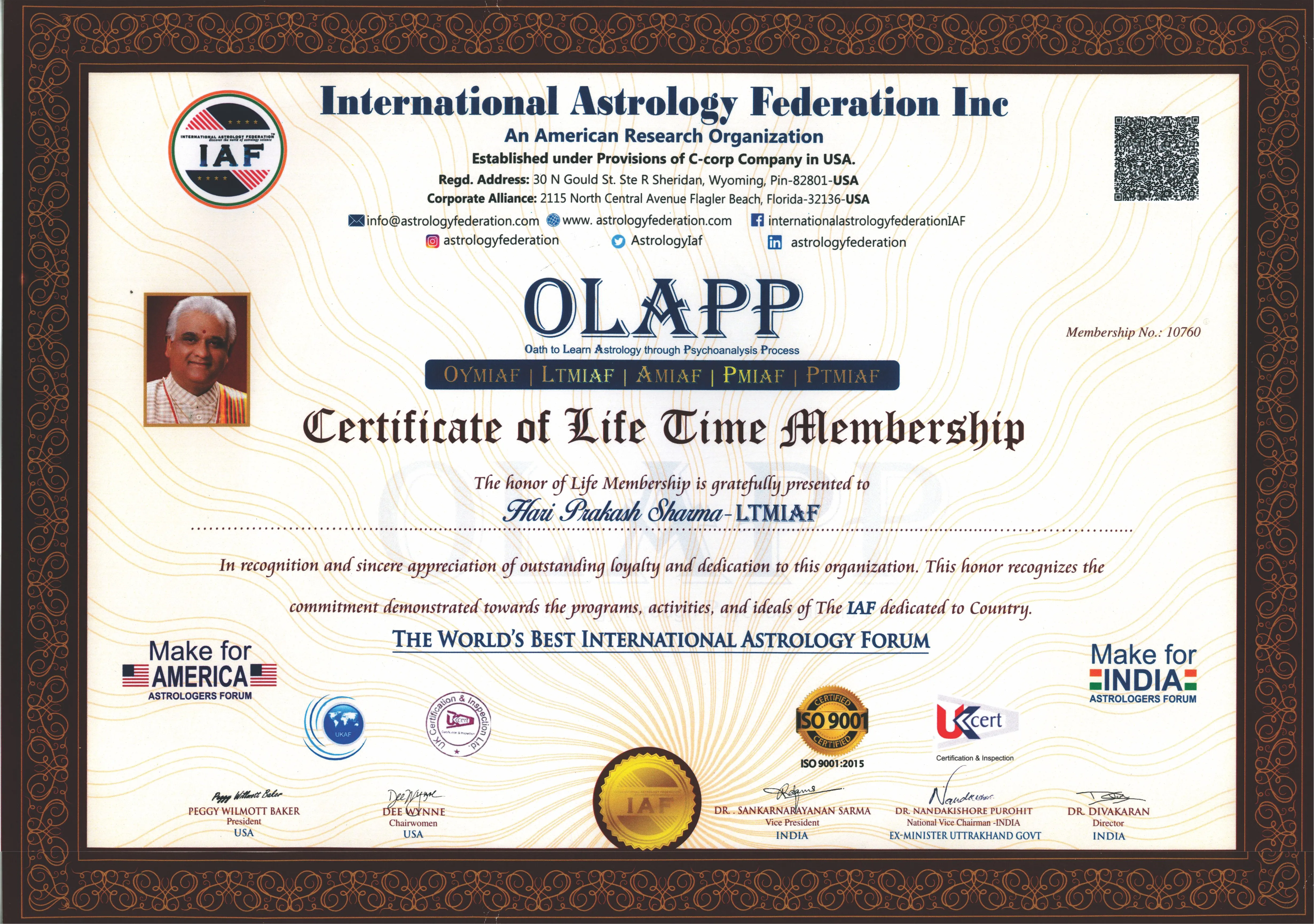 Certificate. Lifetime member, International Astrology Federation