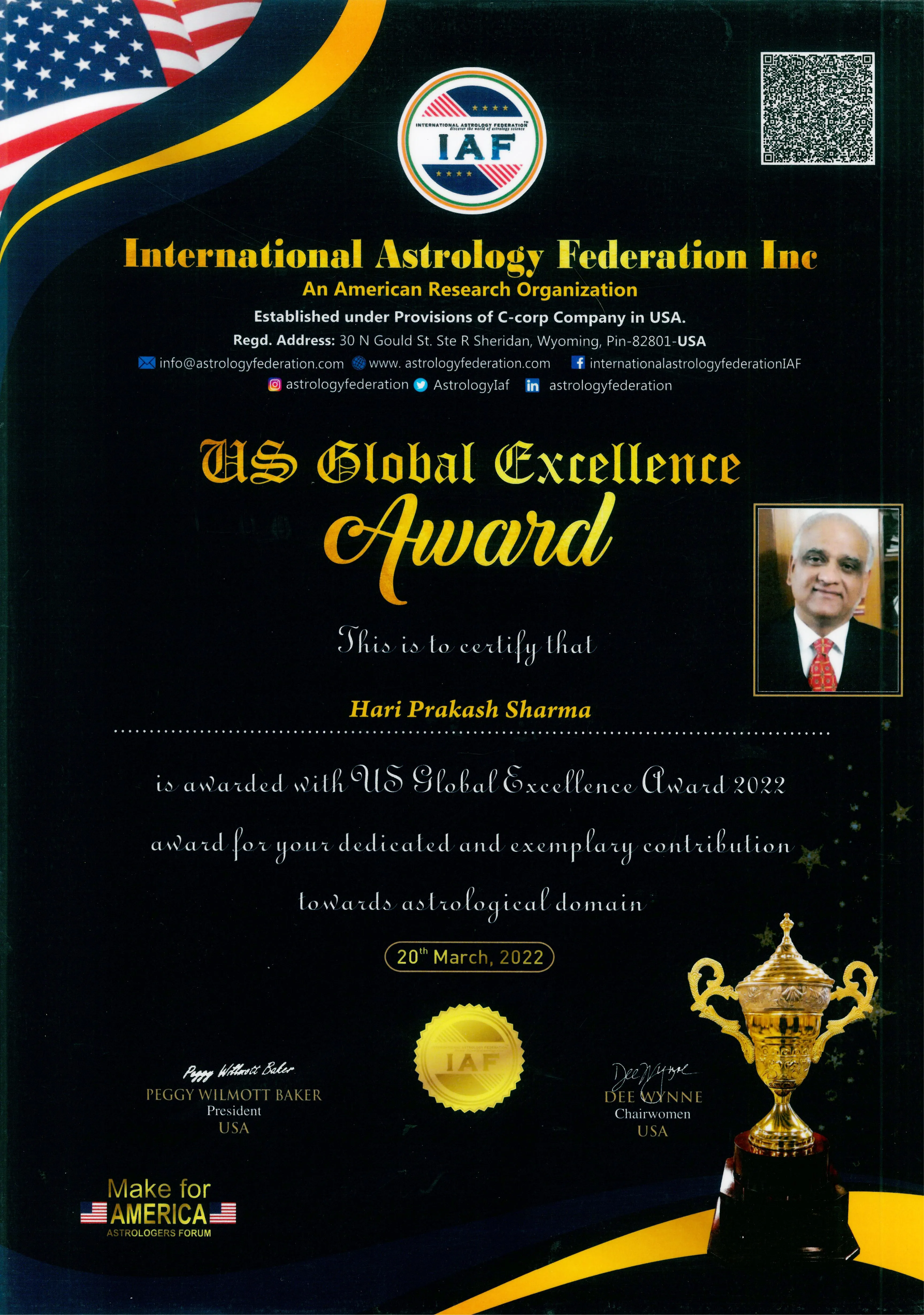 Certificate. U.S. Global Excellence Award, International Astrology Federation